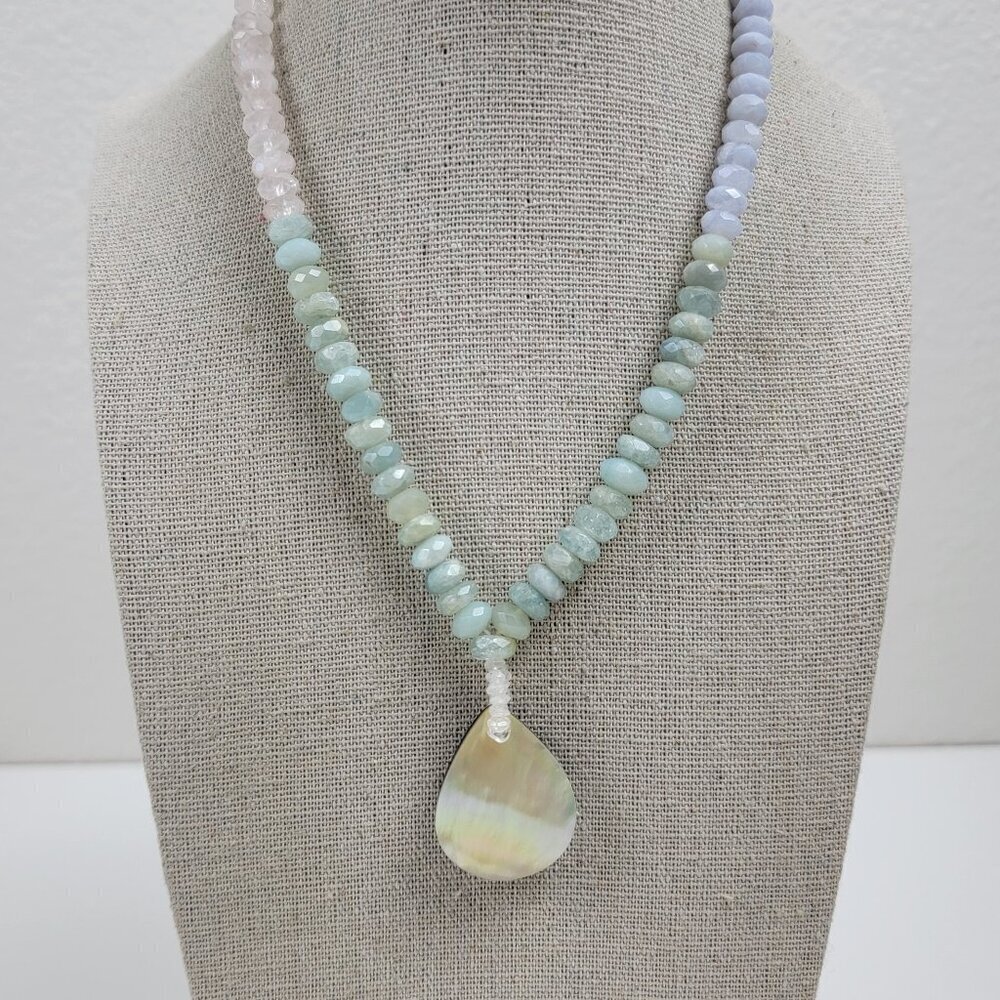 Vtg. Mother Of Pearl Teardrop Pendant Multicolor Agate Rondelle Beaded Necklace